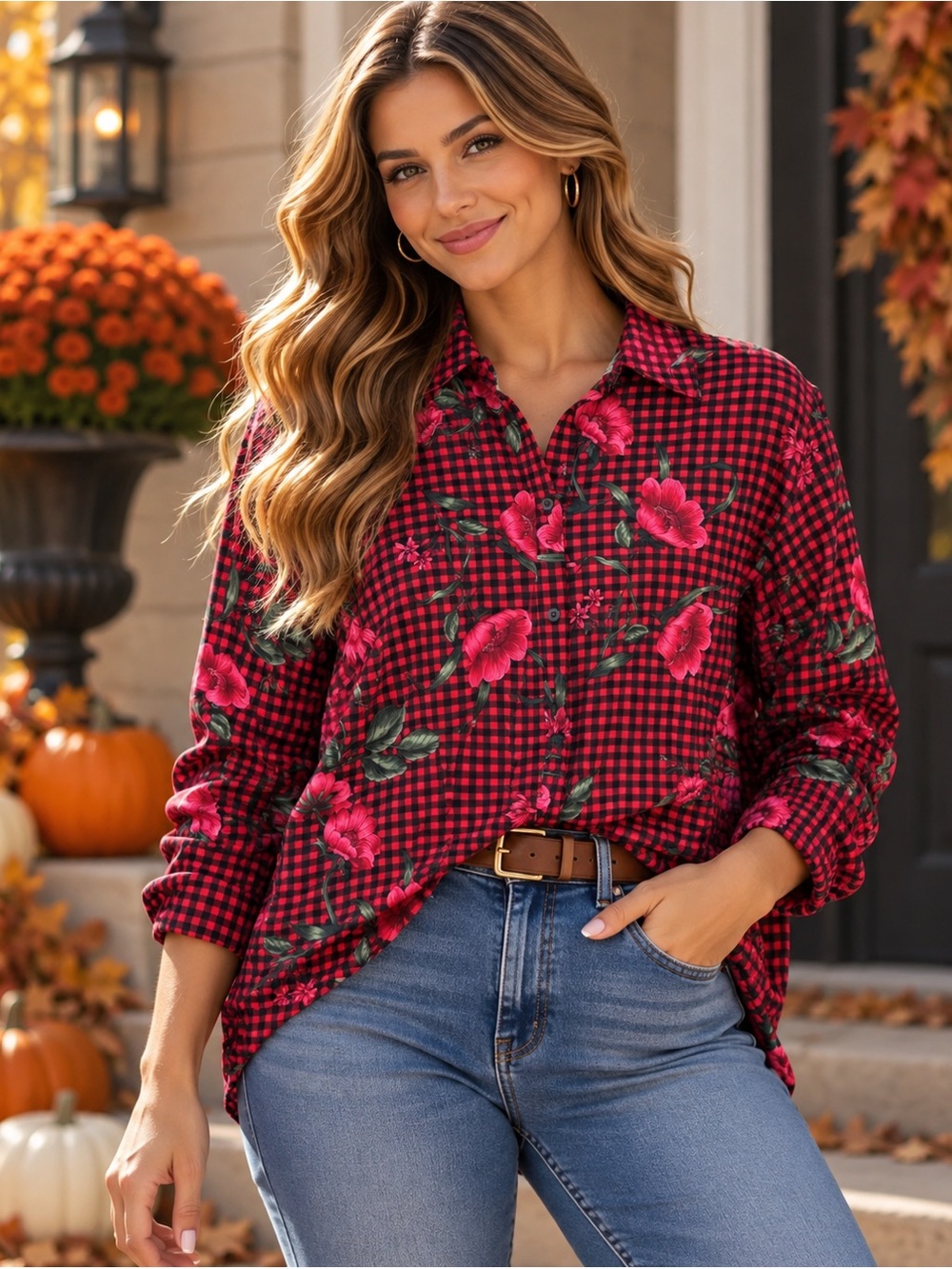 Chaps Red & Black No Iron Gingham Plaid Floral Button-Down Shirt